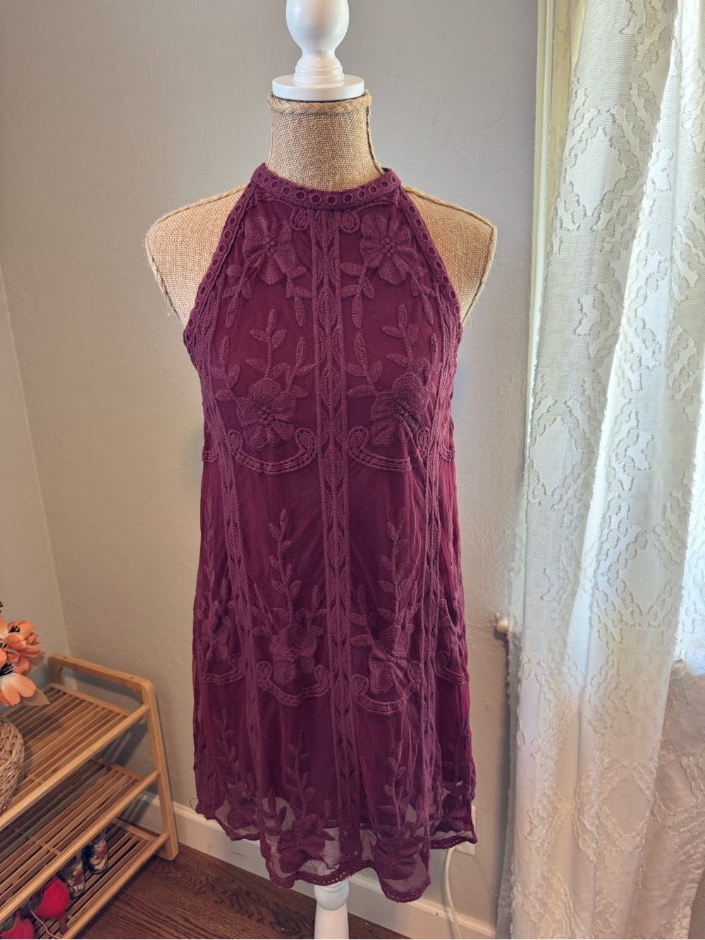 Wishlist Embroidered Halter Mini Dress in Burgundy